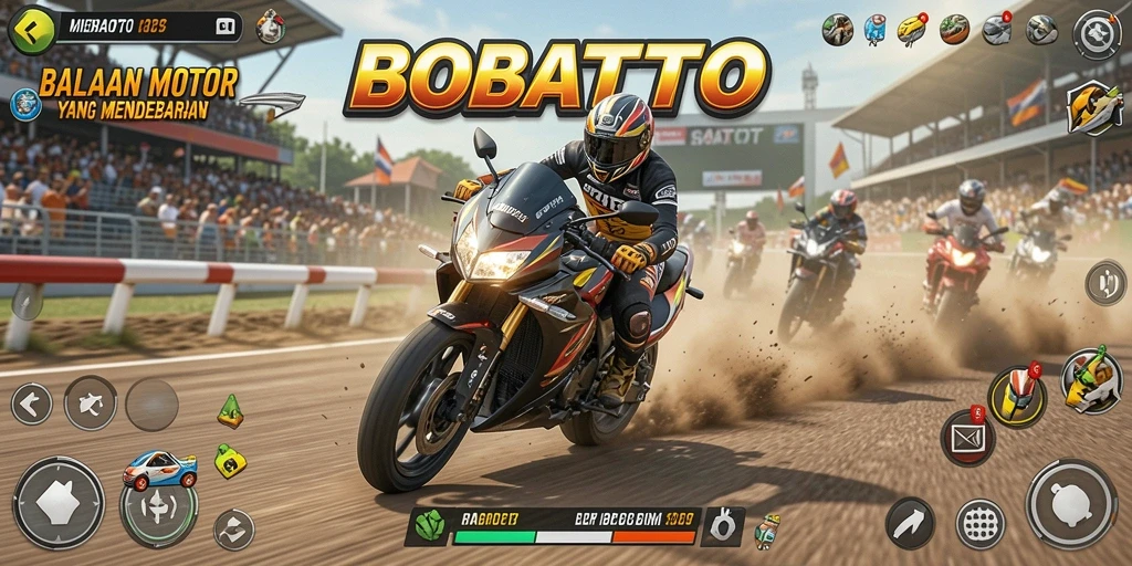 Screenshot BOBATOTO menampilkan balapan motor yang mendebarkan.