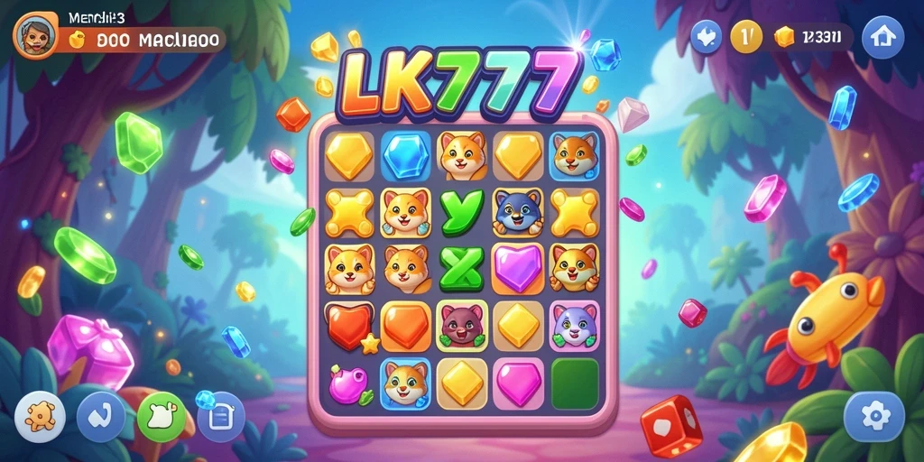 Screenshot LK777 menunjukkan aksi seru mencocokkan elemen warna-warni.