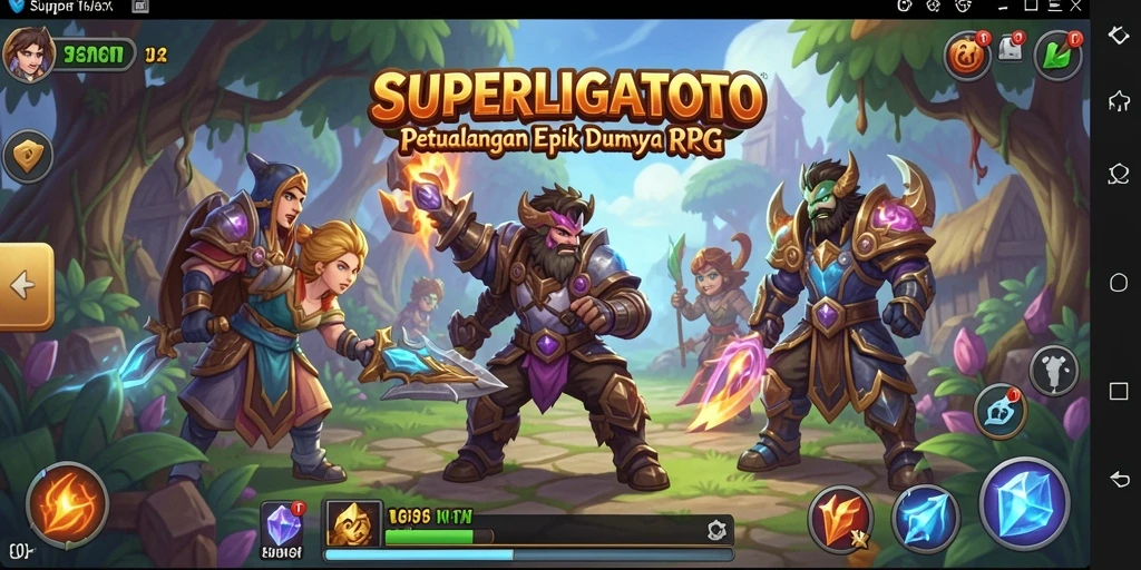 Tampilan screenshot SUPERLIGATOTO menampilkan pertarungan epik dan eksplorasi dunia RPG.